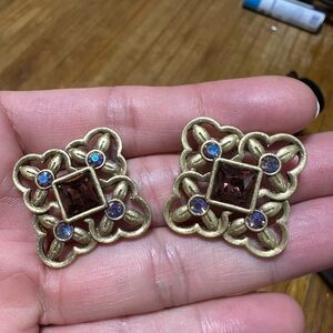 Vintage Gold Tone Red Rhinestone Earrings
